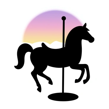A solitary carousel horse, featuring intricate details of its mane and saddle, stands in profile. The horse is positioned on a small, circular base. The background displays a vibrant desert sunset, with hues of orange, pink, and purple blending across the sky. Silhouetted against the sunset, the horse casts a distinct shadow on the ground, emphasizing its elegant posture. The horizon is lined with faint outlines of distant dunes, adding depth to the scene.