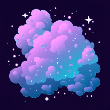 A vibrant cosmic nebula with swirling clouds of colorful gases, including shades of purple, pink, and blue. Brightly glowing stardust is scattered throughout, creating a sparkling effect. The nebula is vast, occupying a significant portion of the dark expanse of deep space, with distant stars twinkling in the background. Intricate patterns and textures are visible within the gaseous formations, enhancing the sense of depth and cosmic wonder.