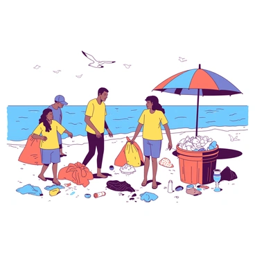 A group of volunteers is collecting trash along a beach. The volunteers are wearing bright yellow shirts and are actively picking up plastic debris and other waste from the sandy shoreline. In the background, there are gentle blue waves lapping at the shore, and a few seagulls are flying overhead. Scattered around the volunteers are large orange trash bags filled with collected waste, and a few volunteers are discussing their progress. Nearby, a colorful beach umbrella is set up, providing shade for a cooler filled with drinks. The scene captures a sense of community effort to protect marine life.