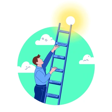 An employee with short brown hair wearing a blue shirt is climbing a tall, transparent ladder that extends upward towards a bright light at the top. Each rung of the ladder has stepping stones labeled with various achievements such as "Promotion," "Skill Development," and "Recognition." The employee is reaching up with one hand, while the other hand grips the ladder firmly. Surrounding the ladder are soft white clouds that enhance the sense of elevation and accomplishment. The background is a gradient, transitioning from teal at the bottom to yellow at the top, symbolizing progress and success.