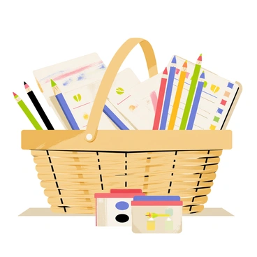 A round laundry basket made of woven natural fibers sits on a wooden floor. The basket is filled with various sketchbooks stacked on top of each other, their covers displaying colorful patterns. Several pencils of different lengths and colors are scattered throughout the basket, alongside an assortment of watercolor paints in small containers. A couple of paintbrushes with colorful bristles rest atop the watercolor containers. The scene is bright and inviting, conveying a sense of creativity and preparation for an art class.