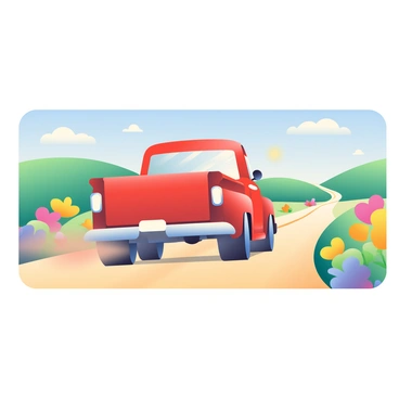 A classic red truck is driving down a dusty country road. The truck has white accents and shiny chrome details. On either side of the road, vibrant wildflowers in shades of yellow, purple, and pink are blooming, creating a colorful border. Dust is kicked up from the tires of the truck, trailing behind it against the clear blue sky. In the distance, green rolling hills can be seen under the sunlight. The overall scene evokes a sense of freedom and the beauty of nature.