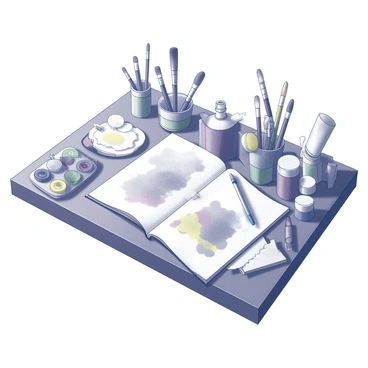 An artist's desk filled with art supplies that are all tangled and out of place, creating chaos.