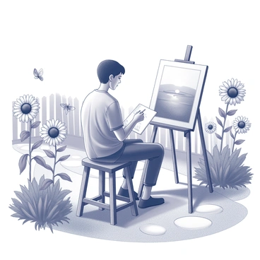 An art student is seated on a wooden stool in a garden. The student is focused on sketching a landscape with a pencil on a drawing pad. Surrounding the student, there are a variety of flowers at different heights, including tall sunflowers and small daisies. The garden features a winding pathway made of stones that leads to a wooden fence in the background. A few butterflies are flying among the flowers, and the sunlight casts soft shadows on the ground.