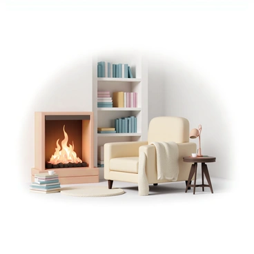 A cozy nook featuring a crackling fireplace with warm, flickering flames. Next to the fireplace, there is a large, plush armchair upholstered in soft fabric, adorned with a knitted throw blanket draped casually over one arm. A small wooden side table sits beside the chair, holding a steaming cup of tea and a small lamp casting a gentle light. In front of the chair, there is a neatly stacked pile of books, some open, revealing their colorful pages. The walls are lined with bookshelves filled with various books, while a soft rug lies on the floor, completing the inviting atmosphere.