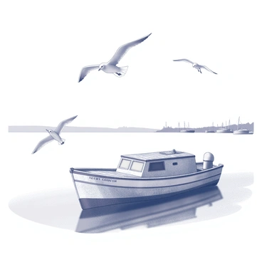 A tranquil harbor scene featuring an old wooden boat anchored gently in the water. The boat displays weathered paint and visible signs of age, adding character to the setting. Seagulls are flying overhead, their wings spread wide as they glide gracefully through the air. The harbor is bordered by calm water, reflecting the serene atmosphere, and there are a few distant silhouettes of boats on the horizon. The sky above is clear, enhancing the sense of peacefulness in this coastal environment.