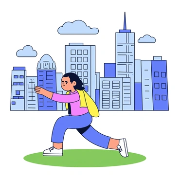 A person is practicing yoga on a grassy patch in the foreground. The individual is in the Warrior II pose, with arms extended outward and a focused expression. Behind them, a bustling city skyline is visible, featuring tall buildings with glass facades and a clear blue sky. A few scattered clouds are present, adding depth to the scene. In the distance, the outlines of other buildings can be seen, creating a vibrant urban atmosphere.