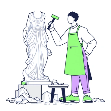 A sculptor with short hair is standing next to a marble statue, focused on chiseling fine details. The sculptor is wearing a blue apron over a white shirt and jeans. In the sculptor's right hand, there is a chisel, and in the left hand, a hammer is raised, poised to strike. The marble statue is partially complete, showcasing a flowing draped figure with intricate patterns and textures. Chiseling tools and a small wooden stool are placed nearby on the stone floor, and the surrounding area is filled with dust and remnants of marble shavings.