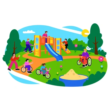 A colorful playground filled with children of various abilities happily playing together. The playground features bright equipment designed for accessibility, including a wheelchair-friendly swing and a slide with a wide transfer platform. Children are climbing on a textured climbing wall and enjoying sensory play panels. Some children are using adaptive bicycles on safe pathways, while others are playing in a sandbox with large, easy-to-handle toys. Lush green trees and vibrant flowers surround the playground, creating a lively atmosphere. The sun shines brightly in the sky, adding warmth to the joyful scene.