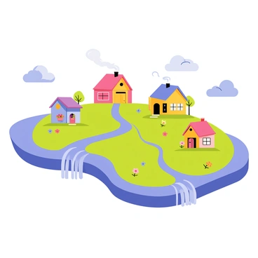 A cartoon island floating in a bright blue sky with fluffy white clouds. The island has lush green grass and colorful flowers scattered throughout. Waterfalls cascade from the edges of the island, pouring into the air as shimmering streams. Small cartoon houses in various vibrant colors are positioned around the island, each with unique shapes and roofs. Some houses have smoke gently rising from chimneys, while others feature cheerful details such as flower pots on windowsills.