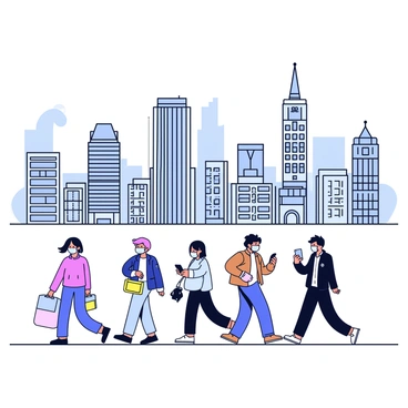 A city skyline featuring tall buildings with various architectural designs, including modern glass structures and classic brick buildings. The sky above the skyline is filled with a gray haze, representing pollution. Below, several people are walking on the sidewalk, each wearing a face mask. Some individuals are carrying bags, while others are looking at their phones. The scene conveys a bustling urban environment despite the haze.