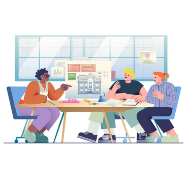 Architects discussing plans for renovating an old industrial building