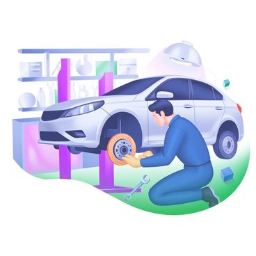 A mechanic is kneeling beside a car, intently inspecting the brake pads. The mechanic has short dark hair and is wearing a blue jumpsuit and protective gloves. The car, a sleek silver sedan, is lifted on a hydraulic jack, revealing the underneath components. Tools are scattered around, including a wrench and a socket set. A bright workshop light illuminates the scene, highlighting the details of the brake assembly. In the background, there are shelves filled with various car parts and tools.
