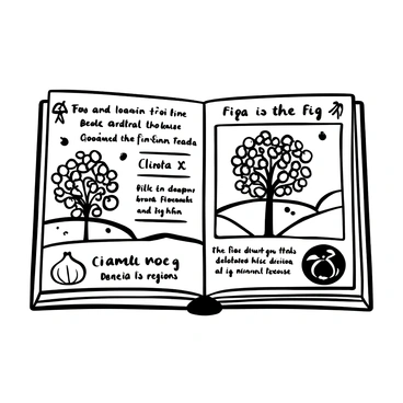 An old travel brochure opened to reveal detailed illustrations of fig trees with abundant fruits hanging from their branches. The background features rolling hills and fields representative of fig-growing regions. Beside the illustrations, there are various facts about the regions, including descriptions of the climate and soil, displayed in elegant lettering. A decorative border frames the brochure, adorned with small fig motifs and vine patterns. There are images of traditional farming tools placed at the edges of the pages, showcasing the culture and heritage of fig cultivation.