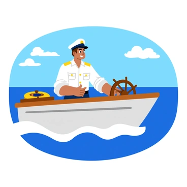 A captain with short, wind-swept hair confidently steering a sleek yacht. The captain wears a crisp white uniform with gold buttons and a navy captain's hat. Nautical instruments, including a brass compass and a wooden ship's wheel, are positioned around them on the glossy deck. The waves gently lapping at the yacht's hull create a sense of motion, and a bright blue sky with a few fluffy clouds frames the scene. A distant horizon line adds depth to the view.