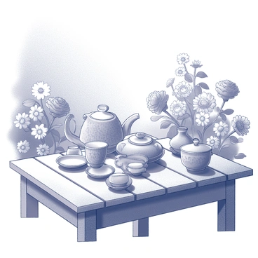 A tea set placed on a garden table. The table is made of wood, and its surface is slightly worn, showcasing natural textures. The tea set includes a teapot, sugar bowl, and several cups, all with intricate patterns. Surrounding the table, a variety of blossoming flowers can be seen, including roses and daisies, adding a lively and refreshing feel to the scene. Sunlight filters through the leaves of nearby trees, casting gentle shadows across the table and highlighting the glint of the ceramic tea set.