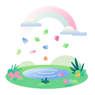A whimsical scene features microplastics in various shapes and colors falling like raindrops from a bright blue sky. Each microplastic piece glimmers in the sunlight, showcasing shades of pink, green, and blue. Below, a vibrant landscape is dotted with lush green grass and colorful flowers that contrast against the falling microplastics. A small pond reflects the sky above, with ripples forming as some microplastics land on the water's surface. In the distance, a rainbow arcs over the scene, adding to the fantastical atmosphere.