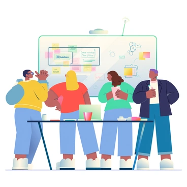 A group of five support agents is gathered around a large whiteboard in a bright, well-lit office. Each agent has a different appearance: one has short black hair and wears glasses, another has curly brown hair with a yellow sweater, a third has long straight blonde hair and is dressed in a blue blouse, while a fourth agent has a buzz cut and is wearing a red t-shirt. The fifth agent is a woman with medium skin and purple hair, dressed in a black blazer. The whiteboard is filled with colorful markers, showcasing various diagrams and notes that illustrate their brainstorming process. One of the agents is pointing to a solution outlined on the board, while another is writing down ideas on a notepad. A table nearby holds laptops and cups of coffee, adding to the collaborative atmosphere.