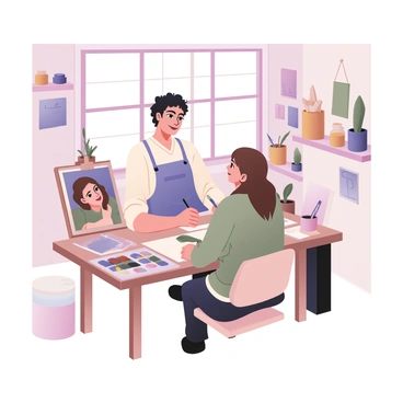 An artist is sitting at a wooden table in a friendly and informal studio setting, focusing on illustrating a portrait of a client. The artist has curly black hair, is wearing a blue apron over a white shirt, and is holding a paintbrush in their right hand. The client, a woman with long brown hair, is sitting across from the artist and is smiling, wearing a light green sweater. The background includes various art supplies like paint tubes, brushes in jars, and colorful canvases hanging on the walls. There is a large window letting in natural light, illuminating the scene. A few potted plants are placed on the windowsill adding a touch of greenery to the studio.