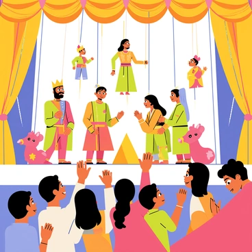 A traditional desi puppet show taking place on a vibrant stage. The stage is decorated with intricate fabrics featuring bold patterns and bright colors. Various colorful puppets, including a king, a queen, and animals, are suspended from strings and animated by puppeteers. The puppets have exaggerated facial features and traditional attire. In the foreground, an enthusiastic audience of children and adults with expressions of delight and amazement watches the performance, some clapping and others with wide eyes. The setting is lively, filled with the joyous atmosphere of cultural celebration.