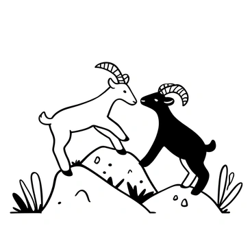 Two playful young goats standing on a rocky outcrop, each positioned on opposing sides. The goats are engaged in a head-butting interaction, with their bodies leaning towards each other. The background features sharp, jagged rocks and sparse vegetation, emphasizing the rugged terrain. The goats have distinctive fur patterns and prominent horns, showcasing their youthful energy and playful nature.