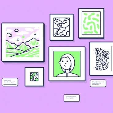 A collection of illustration submissions displayed on a wall at the V&A Illustration Awards exhibition. Each artwork is framed in a border. The illustrations showcase an array of subjects including a whimsical landscape with rolling hills, a portrait of a person with intricate details, and an abstract pattern filled with shapes and lines. Various styles are evident, from detailed line work to bold, graphic designs. The lighting casts soft shadows on the frames, highlighting the diversity of the artistic expressions. A small placard beneath each piece provides information about the artist and their submission details.