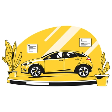 A showroom with a sleek, modern platform showcasing a new hybrid car model. The car is prominently displayed, emphasizing its streamlined design and eco-friendly features. Surrounding the car are placards detailing its specifications and benefits. The lighting is bright, highlighting the contours of the car's body. A small potted plant is placed next to the car, symbolizing its eco-friendly nature. The floor is polished, reflecting the car's glossy finish, while a backdrop of glass walls allows for visibility into the showroom's interior.