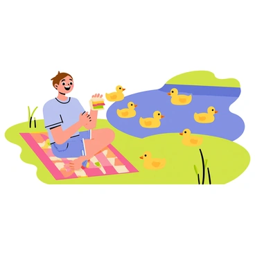 A person with a cheerful expression is sitting on a colorful picnic blanket beside a lake. The person has short brown hair and is wearing a light blue t-shirt and denim shorts. They are happily munching on a sandwich, which has layers of lettuce, tomato, and cheese visible. Nearby, a group of cartoon-style ducks with bright yellow feathers and orange beaks are swimming on the calm blue water of the lake. The surrounding area has green grass and a few trees, adding a touch of nature to the scene.