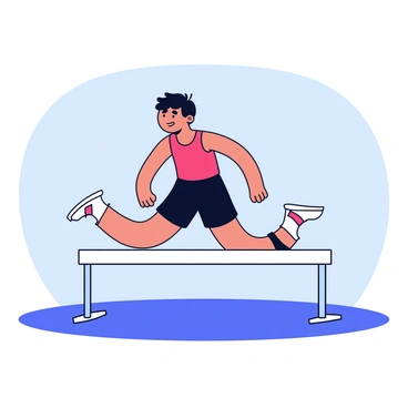 A runner in mid-air, leaping over a white hurdle. The runner has short dark hair and wears a red tank top and black shorts. Their expression conveys determination and focus. The scene is set on a track with a light blue sky in the background, emphasizing the motion and the athlete's agility. The runner's arms are extended for balance as they clear the hurdle.
