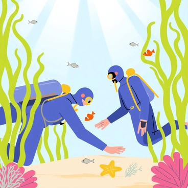 Two scuba divers wearing bright blue wetsuits are exploring a vibrant kelp forest. The underwater scene is filled with tall, swaying kelp plants in shades of green and brown. Colorful fish of various sizes swim among the kelp, including orange clownfish, yellow tangs, and shimmering silver schools of minnows. Sunlight filters through the water's surface, creating a dappled light effect on the sandy ocean floor. The divers are equipped with masks and oxygen tanks, and one diver is reaching out to touch a delicate sea star nestled in the kelp. The entire scene is lively, showcasing the rich biodiversity of the underwater ecosystem.