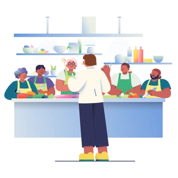 A culinary instructor with short brown hair is standing at the front of a modern kitchen, demonstrating techniques for gourmet dish preparation. She is wearing a white chef's jacket and black pants, holding a wooden spoon in her right hand. In front of her is a large stainless steel countertop, filled with fresh ingredients like colorful vegetables, herbs, and spices. A group of trainees, varying in age and ethnicity, is attentively watching her, each wearing a chef's apron and holding their own utensils. On the countertop, there are various kitchen tools, including knives, cutting boards, and bowls, arranged neatly for the cooking session. The room is well-lit, showcasing a vibrant atmosphere of culinary creativity and teamwork.