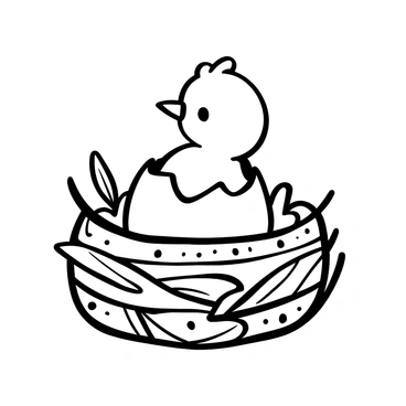 A tiny chick with soft feathers is peeking out from a cracked egg, which is nestled within a cozy nest made of twigs and straw. The nest is placed on a bed of soft moss and surrounded by delicate leaves. There are a few scattered feathers around the nest, and the cracked egg shows visible lines and fragments where the chick is emerging.