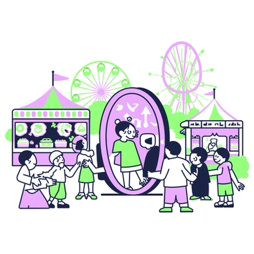 A 1950s carnival scene is set with vibrant booths and colorful tents. In the center, there is a funhouse mirror reflected against a backdrop of carnival lights. The mirror distorts images of visitors, creating exaggerated and humorous versions of themselves. Around the mirror, people are seen laughing and pointing at their reflections. Some of the reflections show iconic symbols that evoke a sense of fear related to communism, like a menacing figure with dark shadows. Stalls filled with carnival games and snacks are scattered throughout the scene, with a Ferris wheel rising in the background, adding to the festive atmosphere.