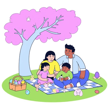 A family sitting on a picnic blanket spread out on the grass beneath a cherry blossom tree filled with pink flowers. The family consists of four members: a father wearing a light blue shirt, a mother in a yellow dress, and two children, one wearing a green shirt and the other wearing a pink dress. The picnic blanket is adorned with a colorful checkered pattern. Various Easter decorations are placed around them, including pastel-colored eggs and a small bunny figurine. A basket filled with assorted snacks and drinks sits on one side of the blanket.