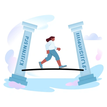 A person walking across a bridge with pillars labeled with virtues such as honesty, kindness, and integrity