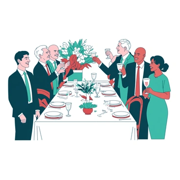 A group of officials, dressed in formal attire, are standing around a long, elegantly set dining table. Each official is raising a glass filled with a sparkling drink in a toast. The table is adorned with white tablecloths, and there are delicate decorations featuring teal and red accents. Soft lighting illuminates the scene, highlighting the joyful expressions on the faces of the officials as they celebrate the inauguration. In the background, there are decorative elements like floral arrangements and stylish place settings, creating a festive atmosphere.