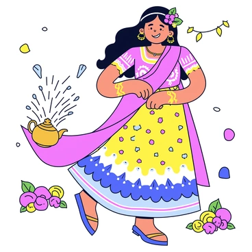 An Indian bridesmaid wearing a colorful lehenga with intricate patterns. She has long, flowing hair adorned with fresh flowers. The bridesmaid is playfully splashing water from a brass pot. Around her, traditional decorations like marigold flowers are visible. The background features a festive setting with vibrant fabrics and lights.