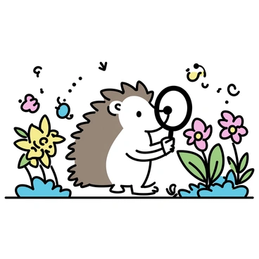 A small hedgehog with brown fur and distinct spines is holding a round magnifying glass in front of its face. The hedgehog is positioned in the middle of a vibrant miniature jungle filled with tiny green plants and colorful flowers. There are small insects and other tiny creatures scattered throughout the jungle floor, capturing the hedgehog's attention. The scene is rich with details, showcasing the intricate textures of leaves and the delicate petals of flowers surrounding the hedgehog as it explores its environment.