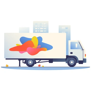 A large truck is parked prominently, showcasing the side where a colorful moving company's logo is vividly painted. The logo features bold, bright colors like red, blue, and yellow, with dynamic shapes that suggest movement. The truck's body is a clean white, emphasizing the vibrancy of the logo. In the background, there are hints of a cityscape with tall buildings, creating an urban environment. The truck is situated on a paved road with a few scattered leaves, indicating the season is autumn.