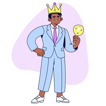 A futuristic king stands confidently, wearing a sleek, metallic suit with sharp lines. His high-tech crown is adorned with glowing LED lights that pulsate in various colors. The crown features a series of geometric shapes and intricate patterns that reflect advanced technology. The king has short, styled hair and an expression of determination. He holds a glowing scepter in one hand, which complements the crown's illumination. The setting is minimalistic, with simple shapes and a solid color background that enhances the focus on the king and his crown.