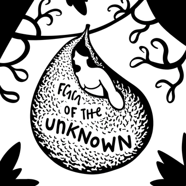 A figure wrapped in a cocoon made of textured, fibrous material. The cocoon is suspended in mid-air, hanging from a branch. The figure's body is partially visible, showing tense muscles as they peer out into the surrounding environment. The background features dark shadows and twisted branches, adding to the sense of isolation. The words "Fear of the Unknown" are subtly integrated within the cocoon's fibers.