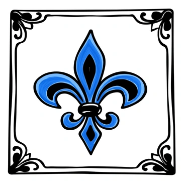 A decorative ceramic tile is centered in the image, featuring a hand-painted "blue fleur-de-lis" design that dominates the surface. The tile has a glossy finish, reflecting light subtly. Intricate patterns surround the central motif, enhancing the overall design. The edges of the tile display a detailed border, contributing to the ornamental quality of the piece.
