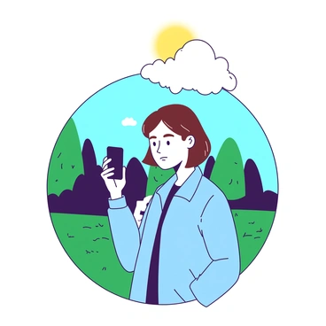 A person with short brown hair is standing outdoors, holding a smartphone in their right hand while looking at the screen. Above their head, a glowing yellow sun and a fluffy white cloud are hovering, visually representing their mixed feelings about the weather. The person is wearing a light blue jacket and has a contemplative expression on their face. The background features a park with green grass and a clear blue sky.