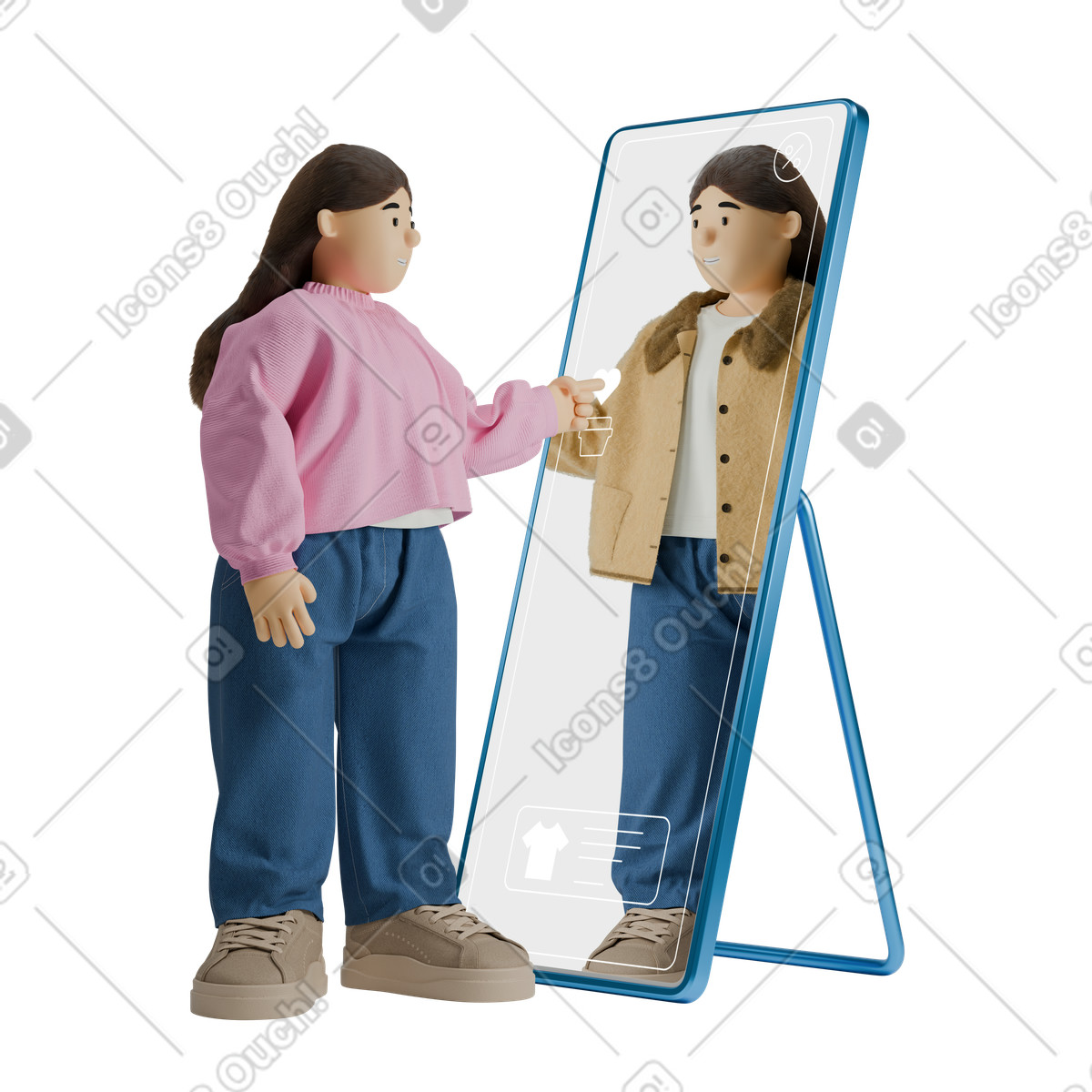 Ilustración Probando atuendos con espejo inteligente, moda de realidad aumentada y prueba virtual en estilo 3D Kindy a descargar en PNG SVG