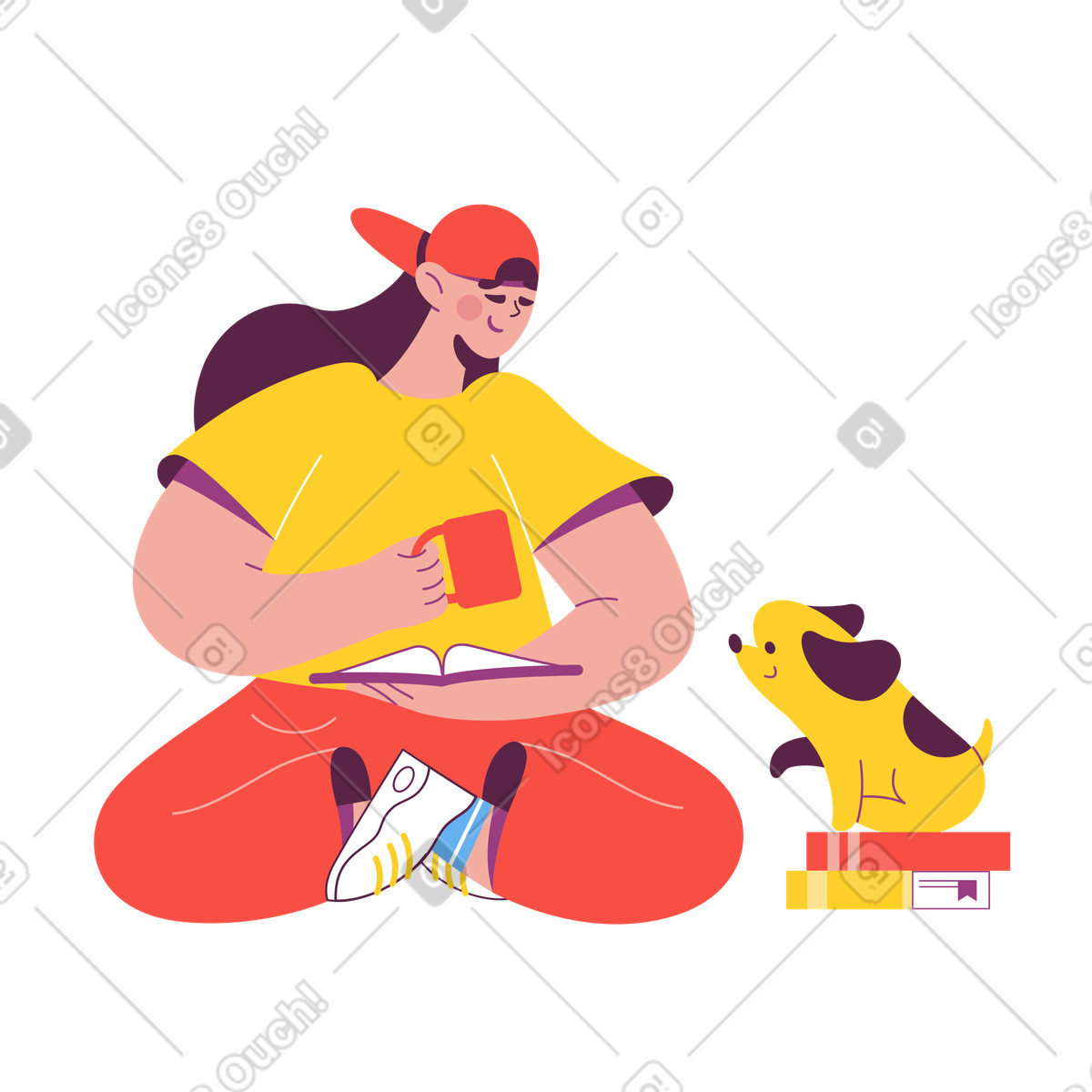 Enjoying coffee and book with pet dog, Home study or cozy reading time illustration in Sammy style download in PNG, SVG
