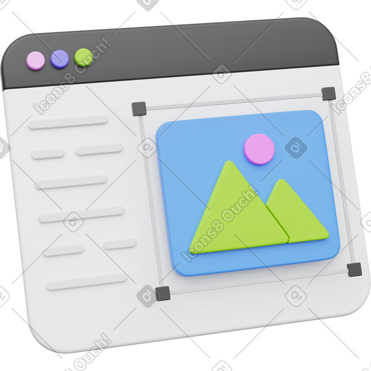 Ilustración Browser window layout with sidebar menu and resizable image placeholder en estilo 3D Playful a descargar en PNG y SVG