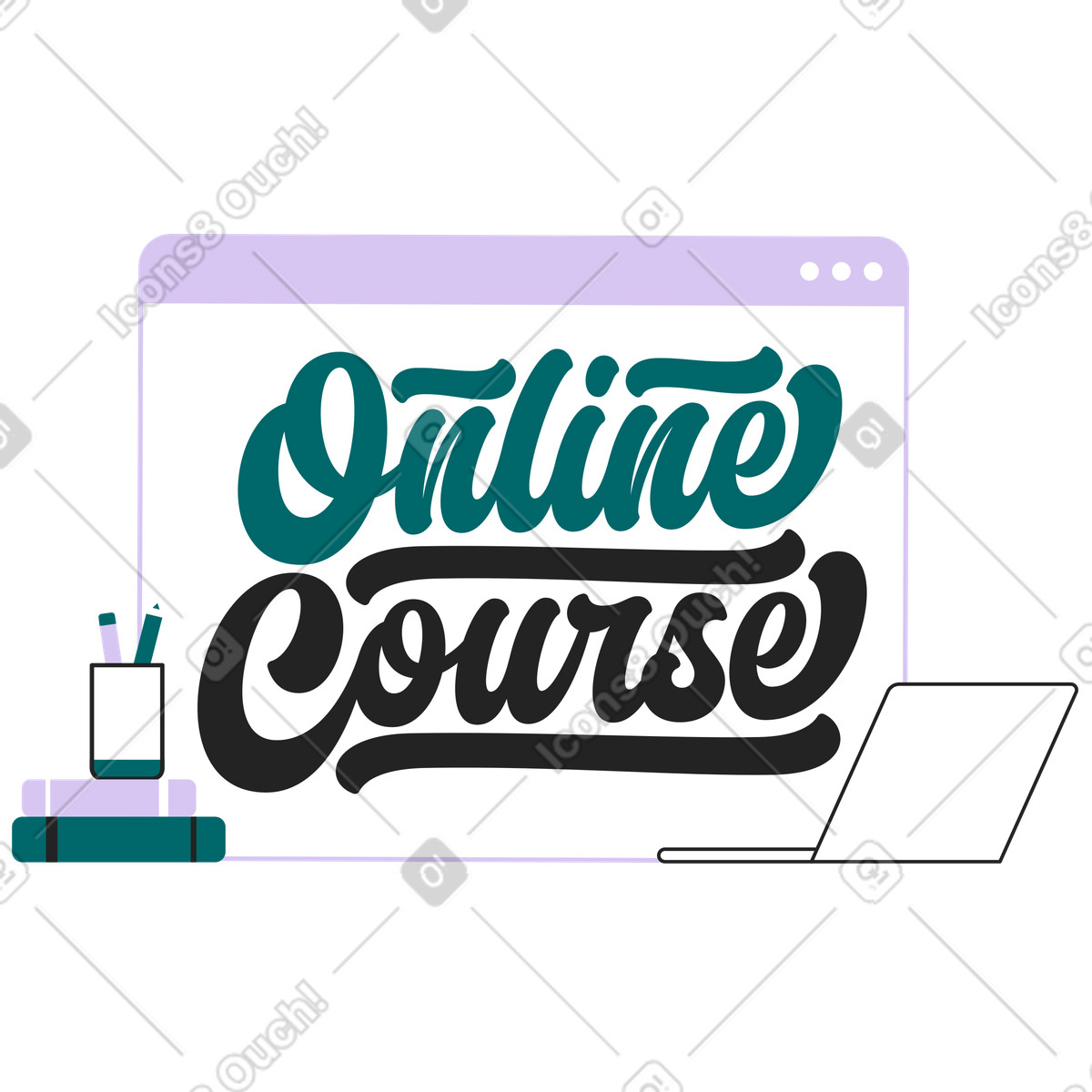 Online course message with study tools, Home learning illustration in Sammy Line style download in PNG, SVG