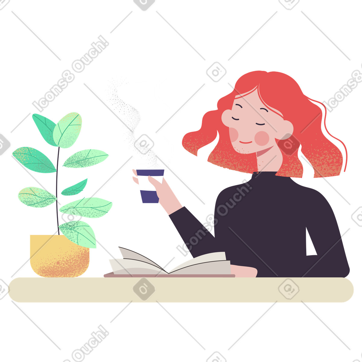 下载 Pale 风格的 工厂附近喝咖啡的女人 插画，支持 PNG、SVG 格式