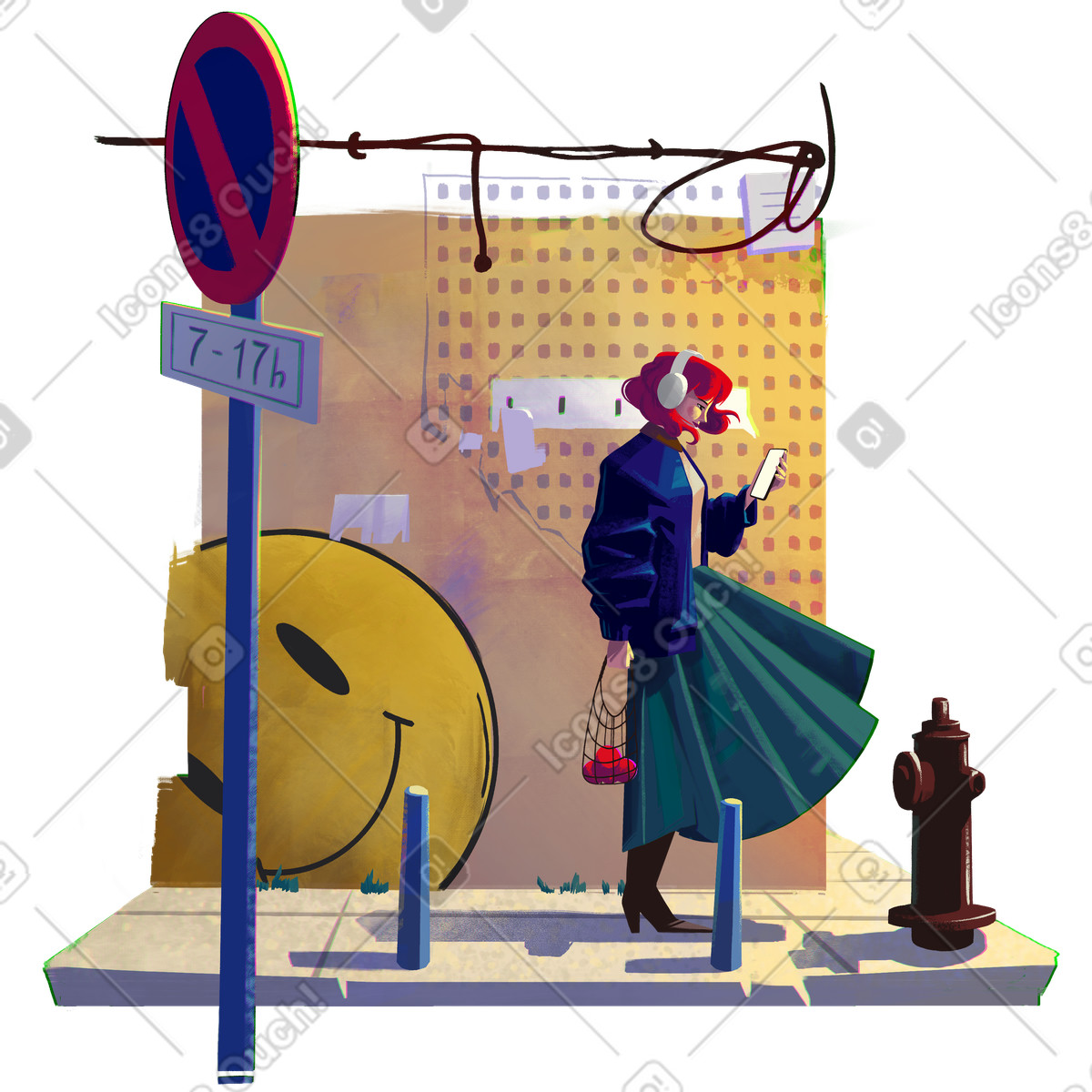 Young woman walking down the street and texting illustration in Lush style download in PNG, SVG