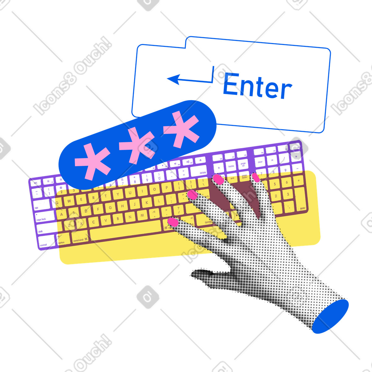 Entering password on keyboard and logging in illustration in PNG, SVG